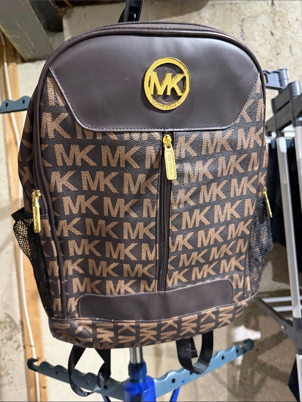Faux Michael Kors Brown MK Monogram Backpack with Gold Hardware